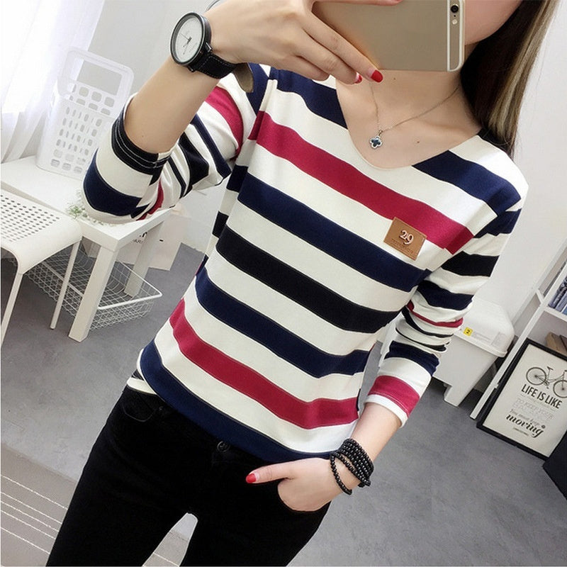 Korean Spring And Autumn Clothing T-shirt For Women Red And Blue