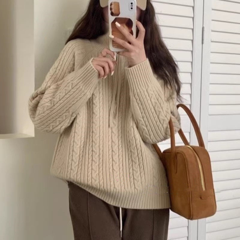 Lapel Half Zipper Cable-knit Pullover Sweater For Women Khakhi Free Size