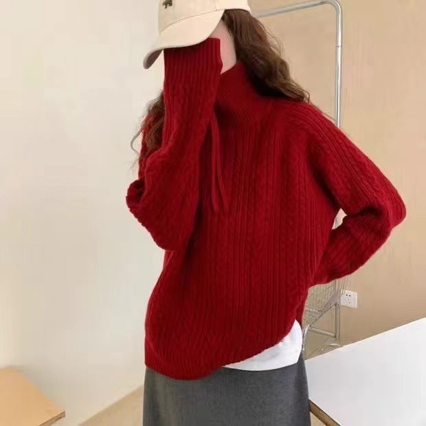 Lapel Half Zipper Cable-knit Pullover Sweater For Women Red Free Size
