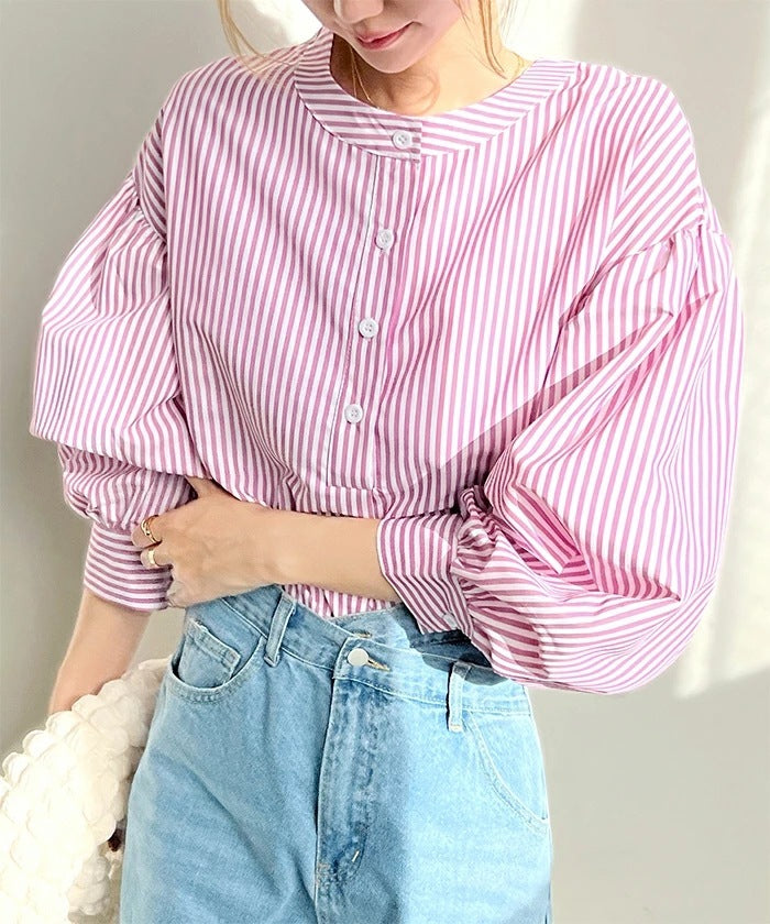 Women's Shirt Summer Loose High Sense Pink Striped