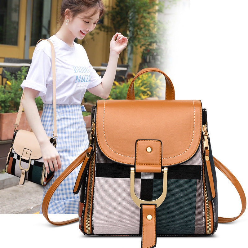 Women Grid Backpacks Female School Bag Girls Travel Bag Brown
