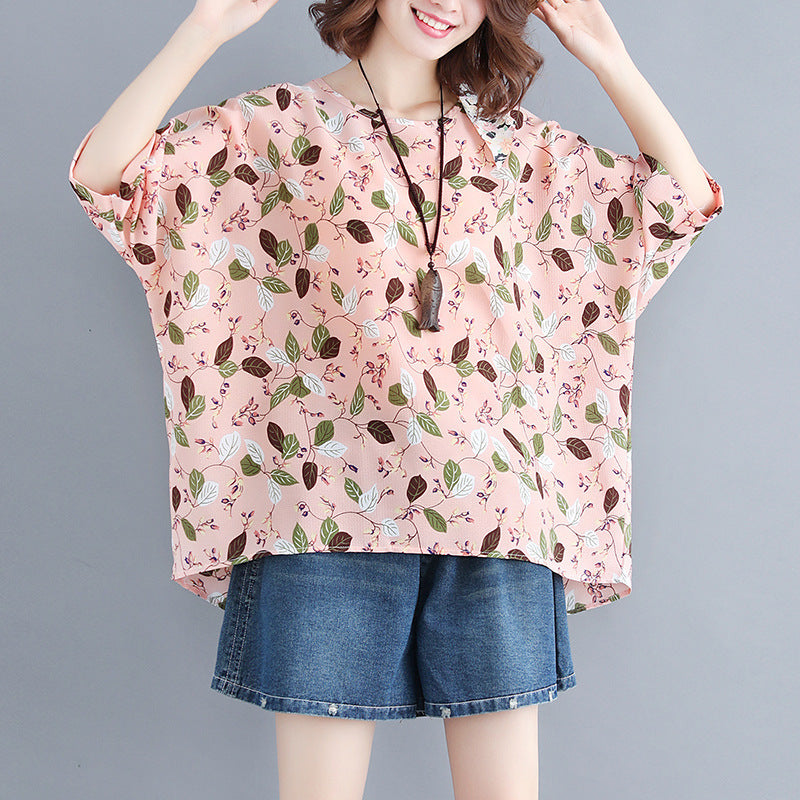 Women's loose chiffon printed bat short-sleeved T-shirt women Pink One size
