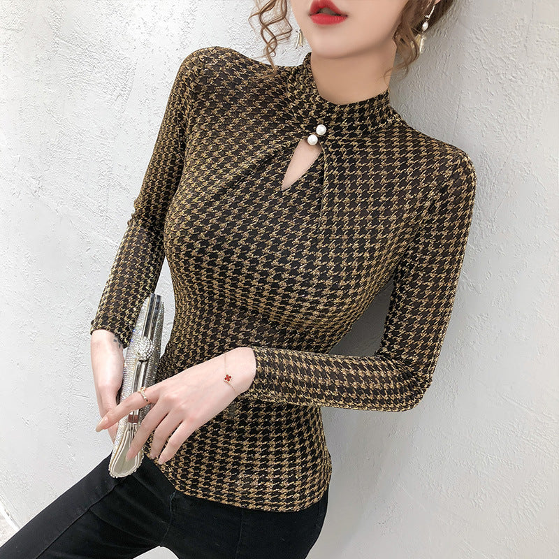 All-match Bright Silk Bottoming Shirt Women Long-sleeved T-shirt Gold