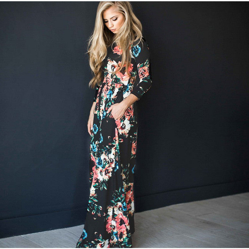 Fashion Dresses Women Printed Party Gown Ladies Black