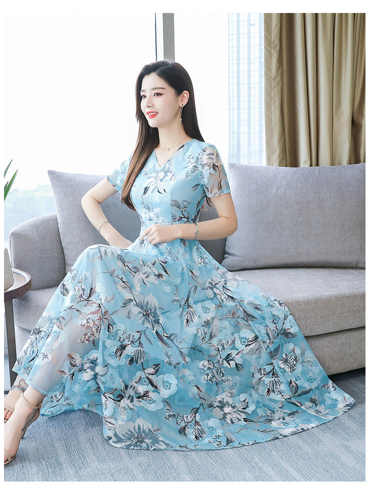 Floral Long Skirt Plus Size Women's Printed Dress Blue