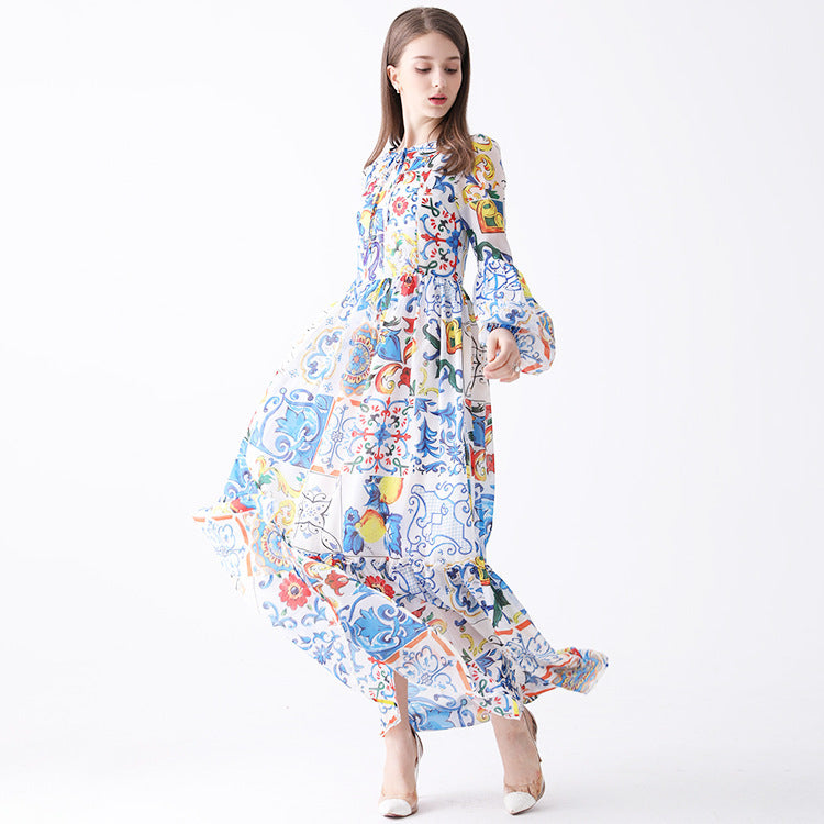 Printed Polka Dot Beautiful Lady Chiffon Floral Dress