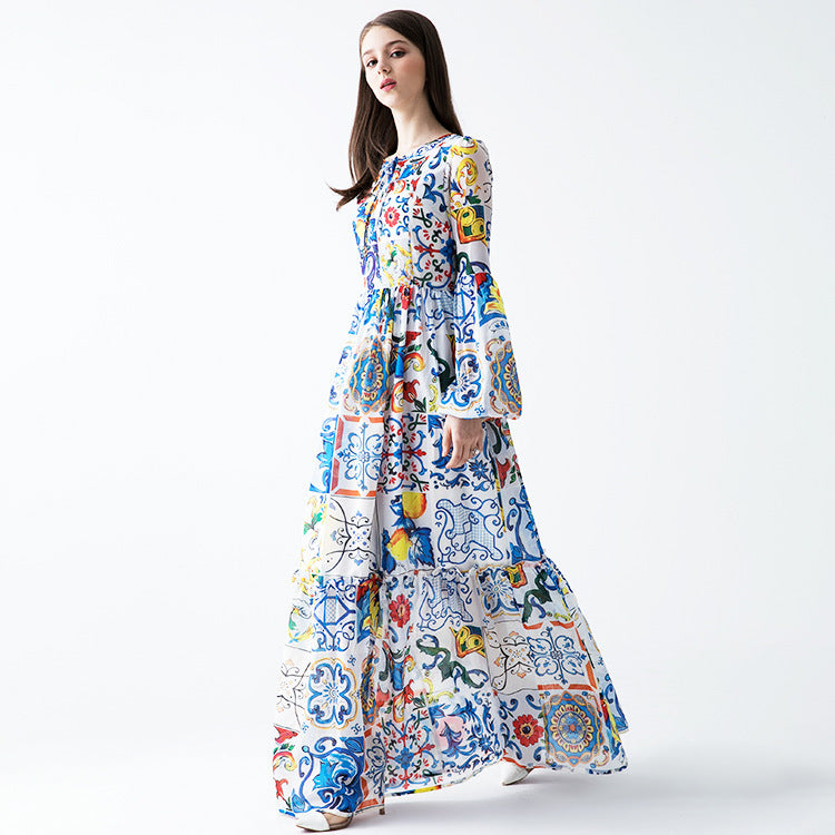Printed Polka Dot Beautiful Lady Chiffon Floral Dress Light Blue