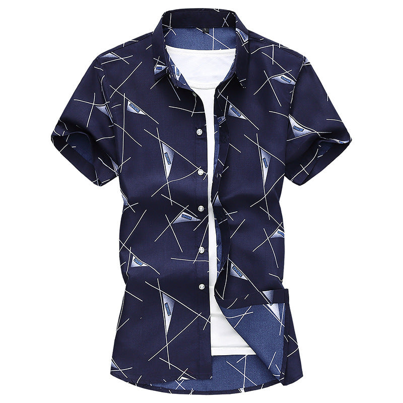 Men Short Sleeve Cotton Flower Shirt Mens Dress Shirts Navy Blue