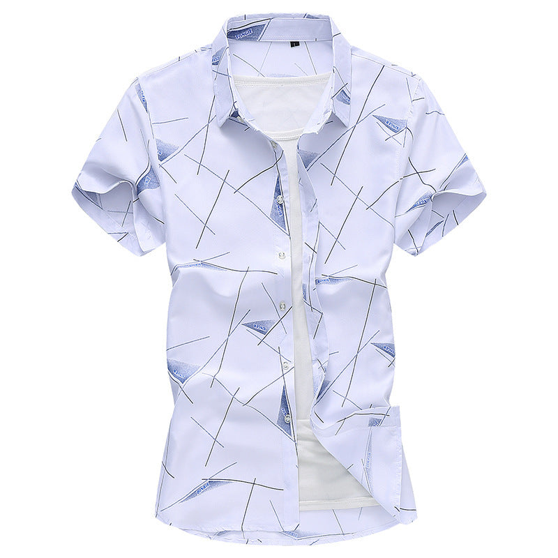 Men Short Sleeve Cotton Flower Shirt Mens Dress Shirts White