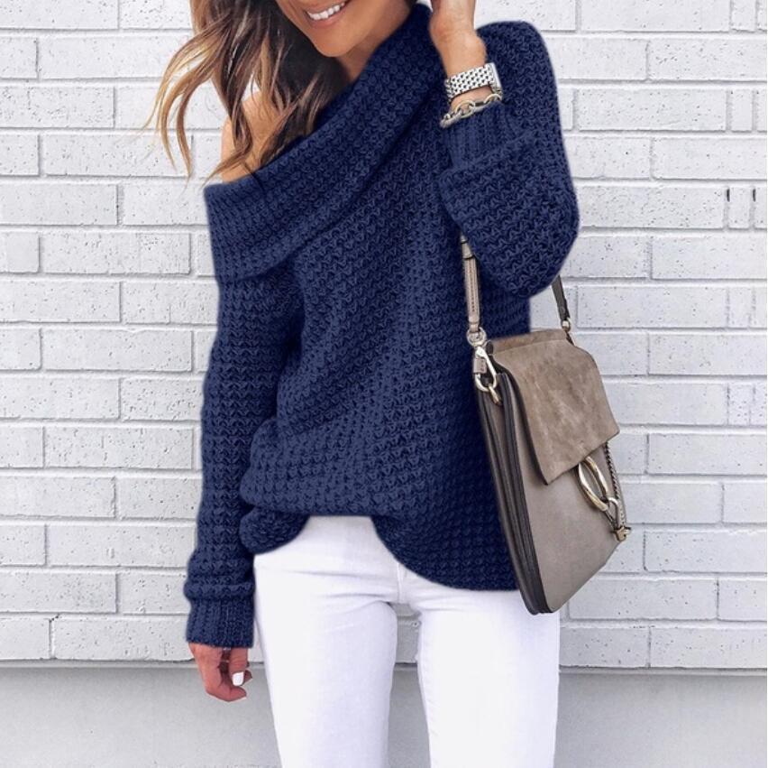 Women's Autumn And Winter Sweater Solid Color Turtleneck Sweater Dark Blue