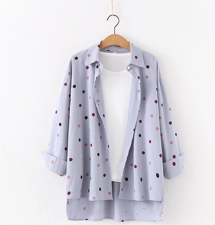 Women Polka Dot Print Blouse Shirts Blue