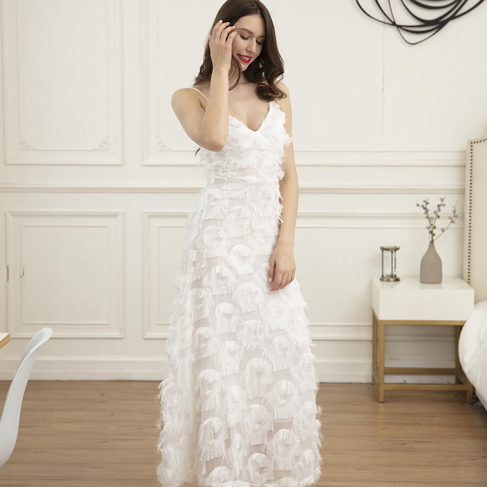 Backless Feather Lace Party Long Dress White