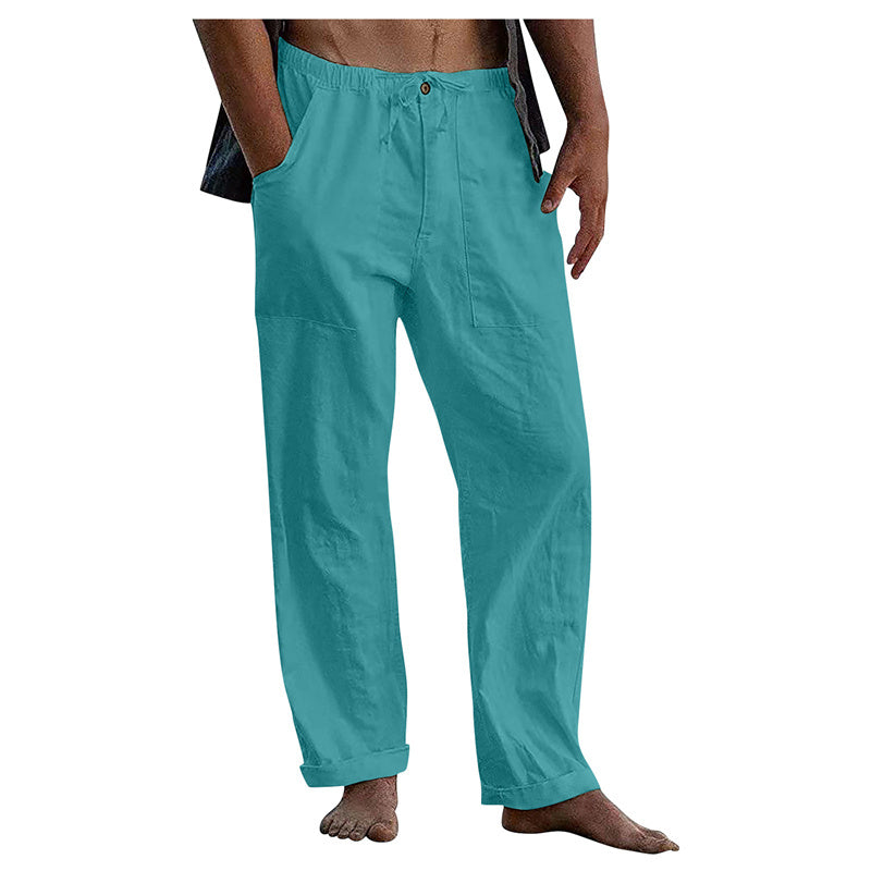 Men's Linen Casual Drawstring Loose Pants Cyan