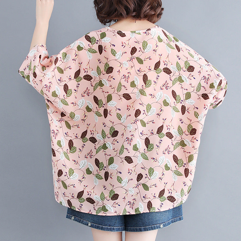 Women's loose chiffon printed bat short-sleeved T-shirt women