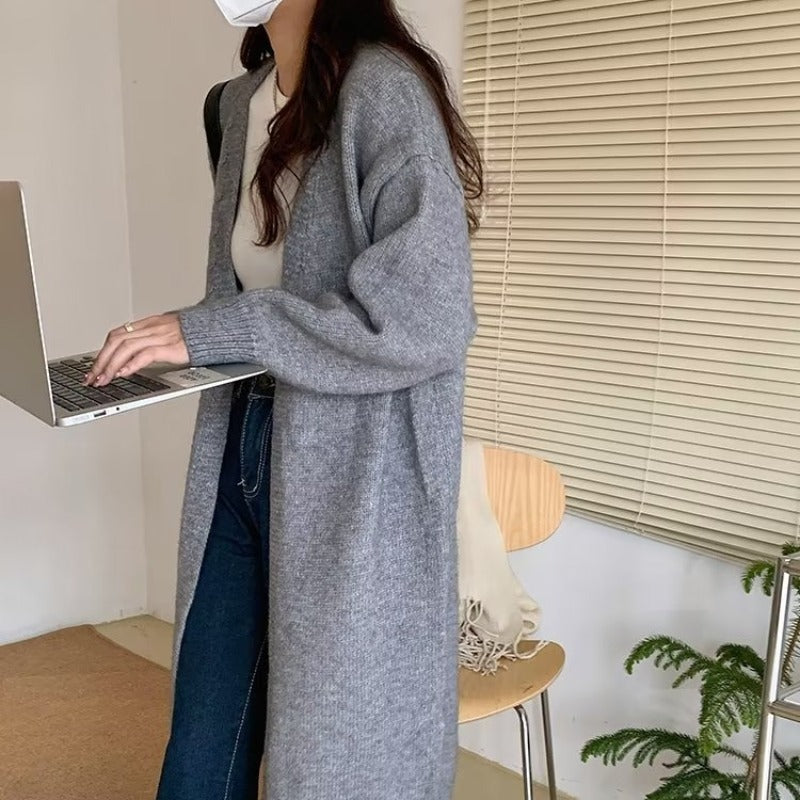 Women's Solid Color Autumn Mid-length Knitted Cardigan Sweater Coat Top