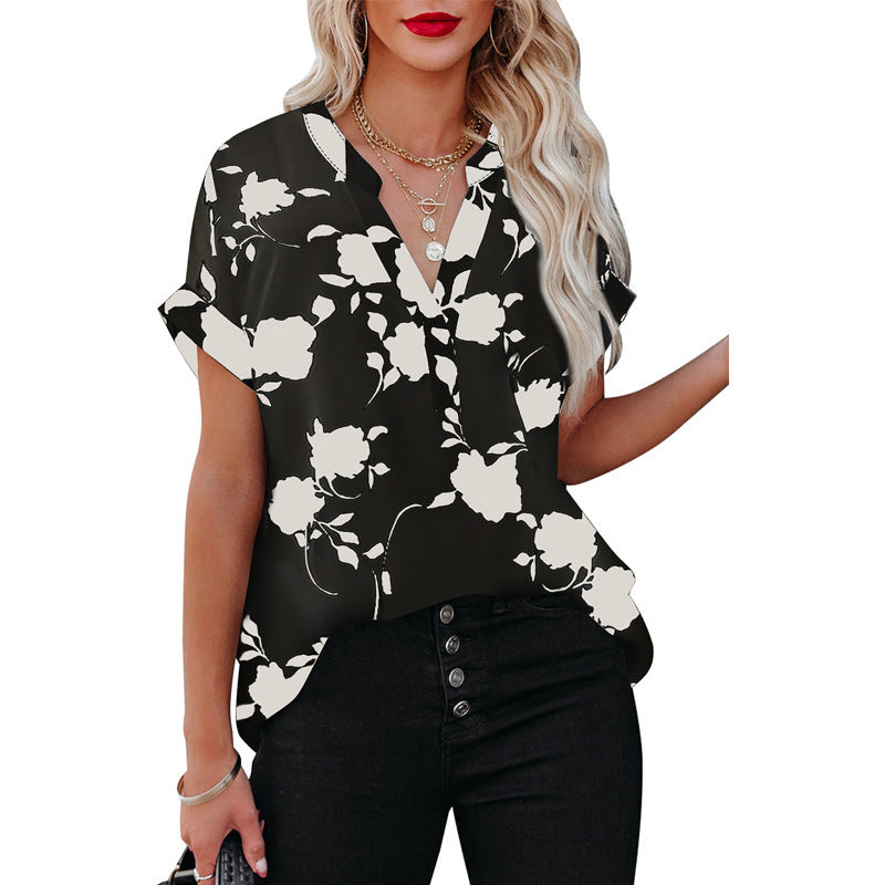Summer Women's Clothing New Floral Print Short Sleeve Shirt For Women Black