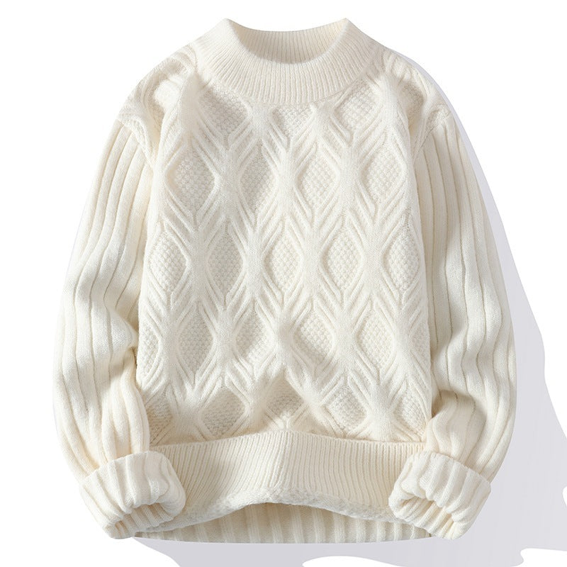Men's Fashion Casual Solid Color Twisted Sweater Creamy White Polyester