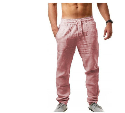 Summer Men's Breathable Linen Loose Leisure Sports Trousers Pink