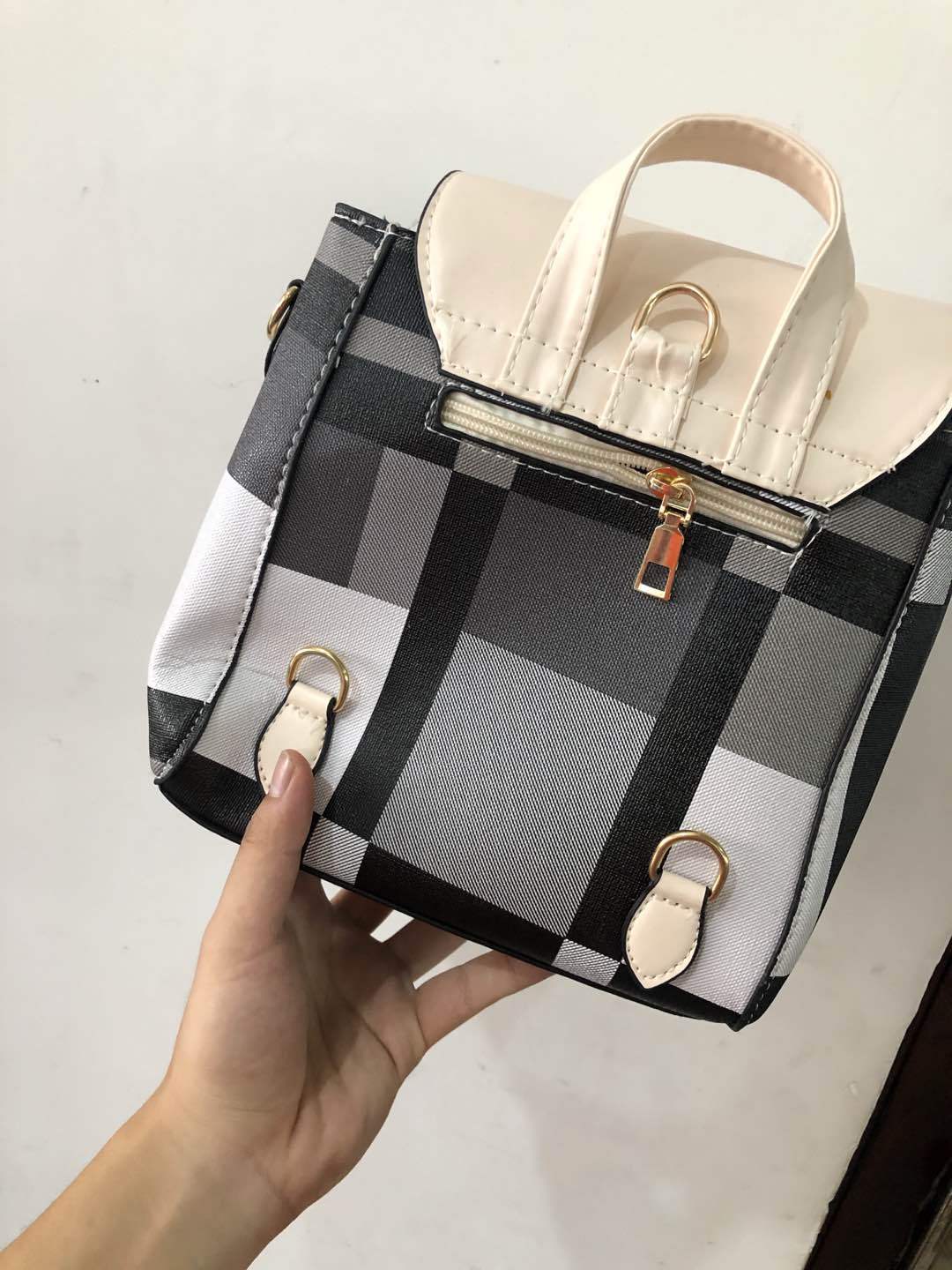 Women Grid Backpacks Female School Bag Girls Travel Bag White