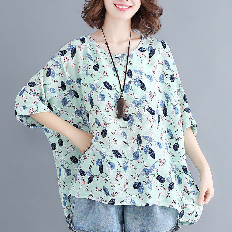 Women's loose chiffon printed bat short-sleeved T-shirt women Green One size