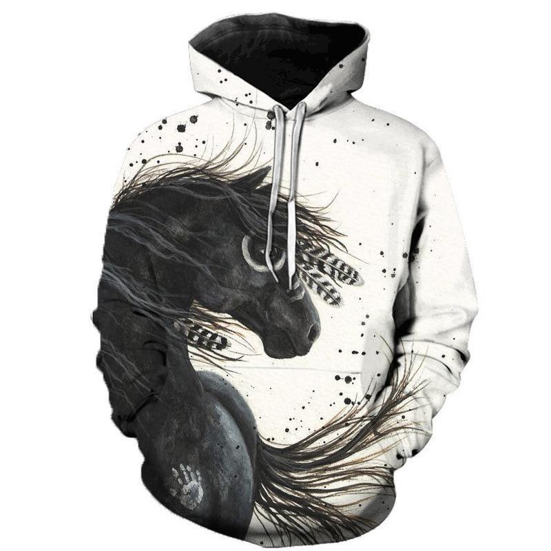 Printed Animal Horse Painting Hoodie Fashion Men Loose Sweater DWWY 418