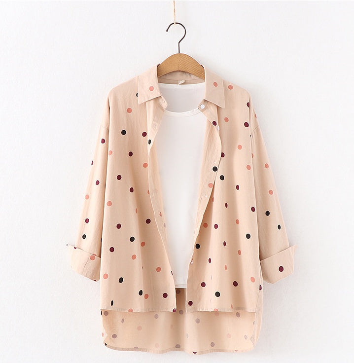 Women Polka Dot Print Blouse Shirts Khaki