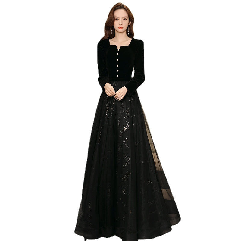 Women's Temperament Long Sleeve Party Dress Skirt Black