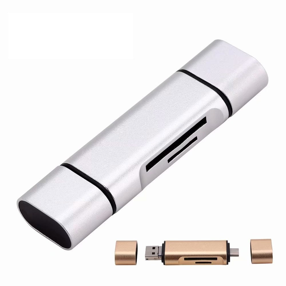 USB Mobile Phone Card Reader Micro Type-C Aluminum Alloy Triad Multi-functional Silver