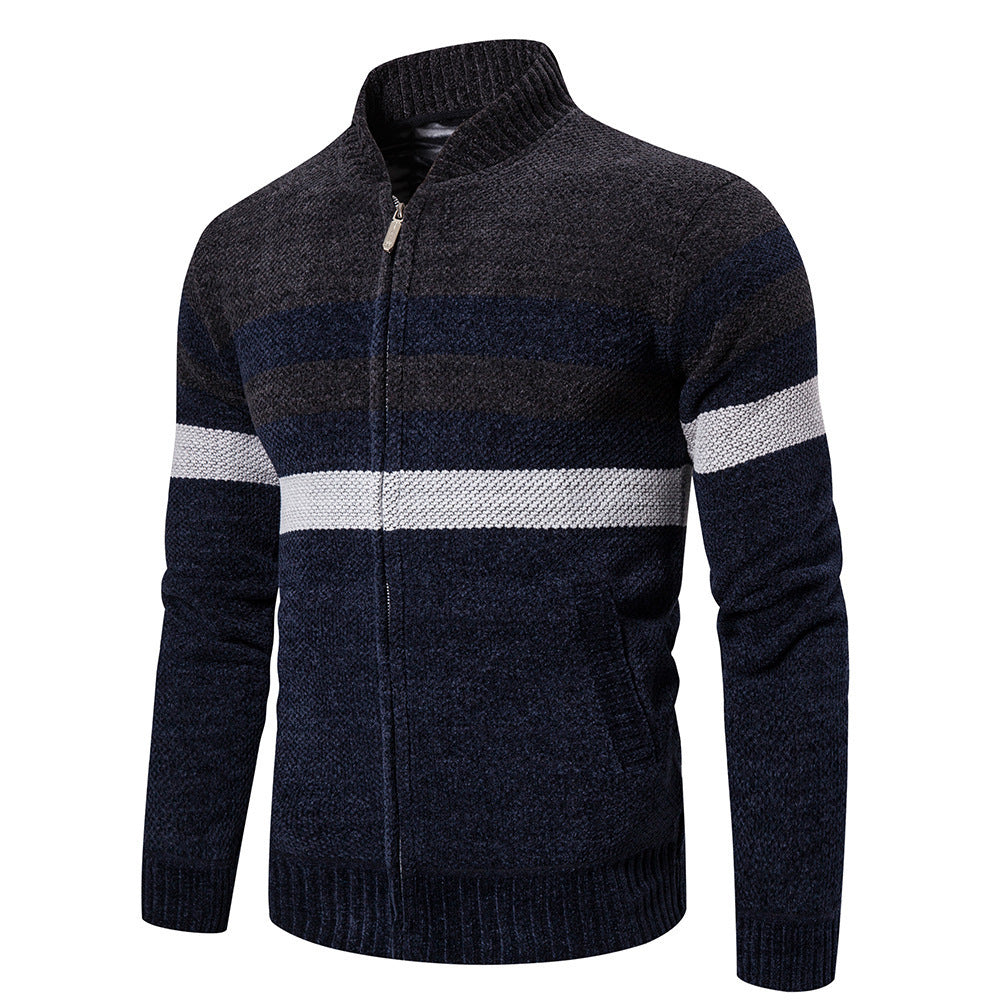 Casual Sweater Men Stand Collar Striped Color Matching Long Sleeves Gray Polyster