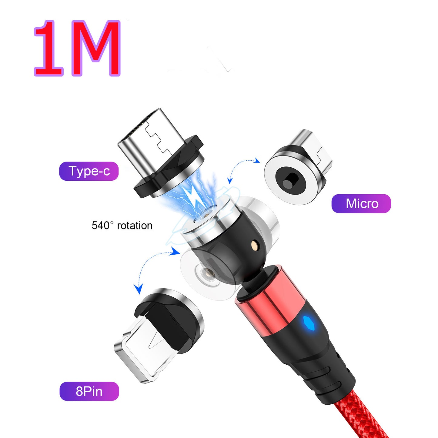 Magnetic Data Cable - Android/iOS/Type-C Red 1M 3magnetic suction heads