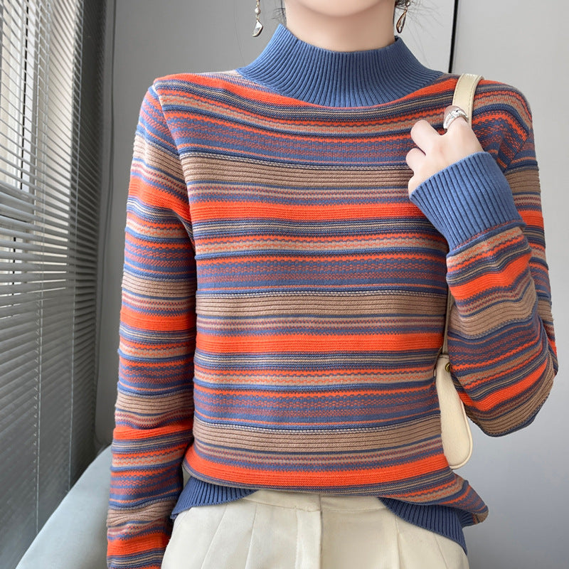 Mock-neck Stripes Wool Knitted Pullover Thick Sweater Orange Wool
