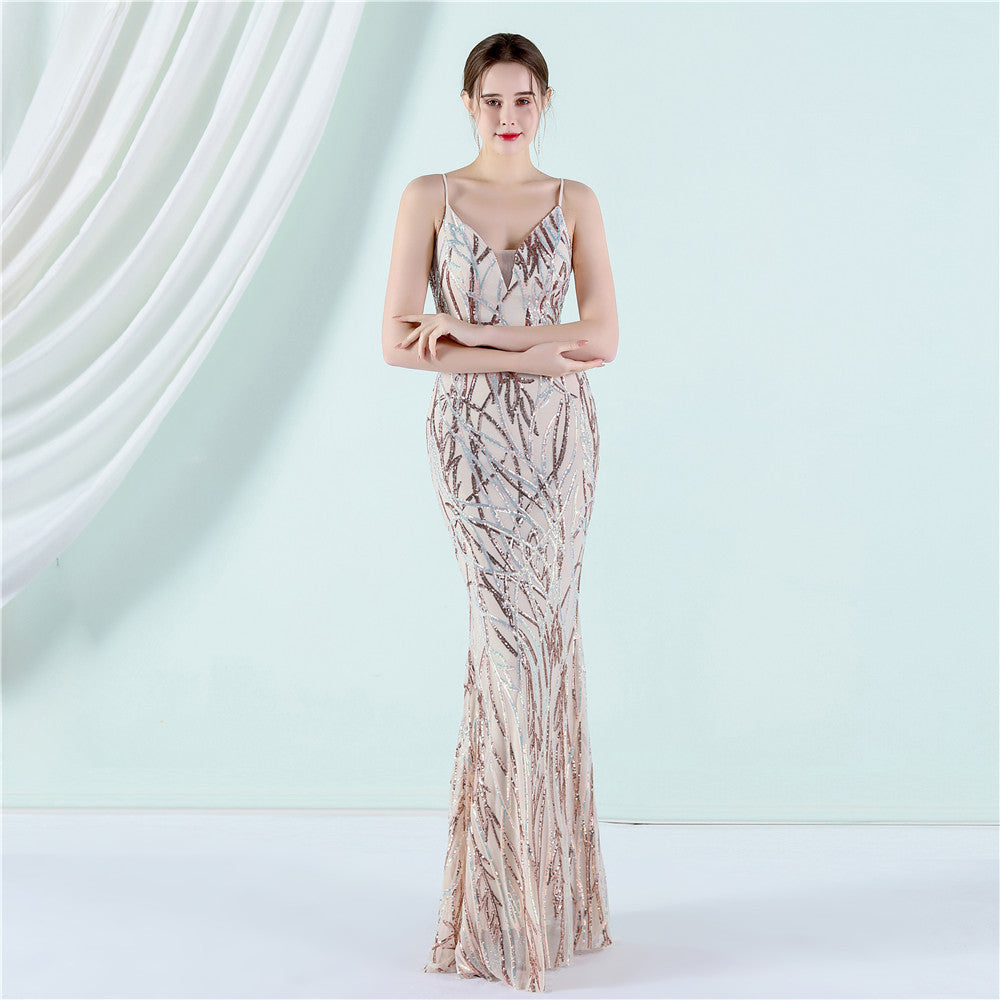 Women's Long Sequin Party Evening Dress Gold