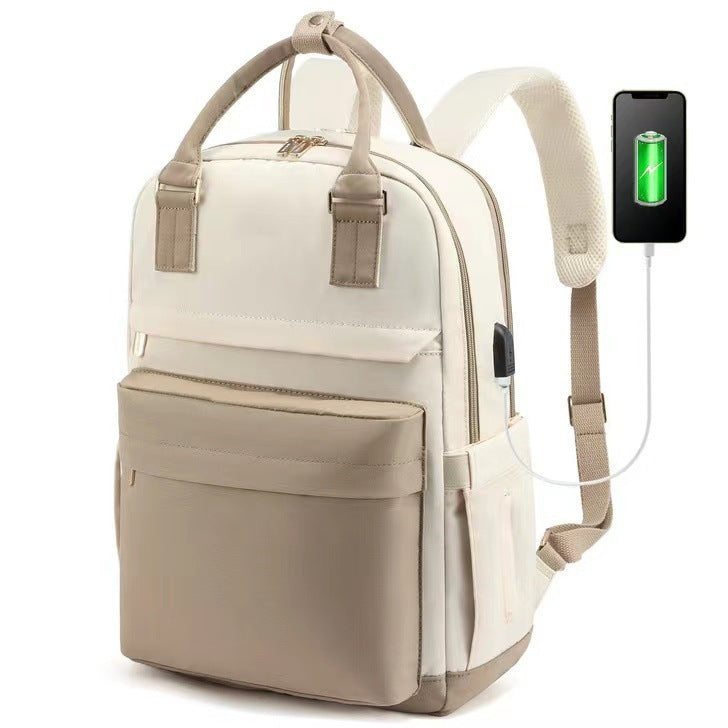 Girls Backpack Fashion Large Capacity Laptop Bag Portable Travel Backpack Khaki And Beige