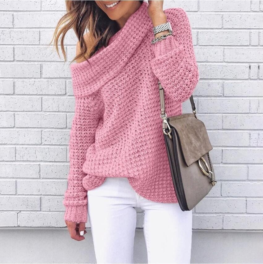 Women's Autumn And Winter Sweater Solid Color Turtleneck Sweater Pink