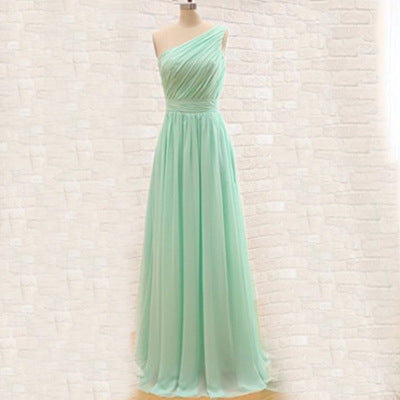Three styles of bridesmaid dresses Green one shoulder