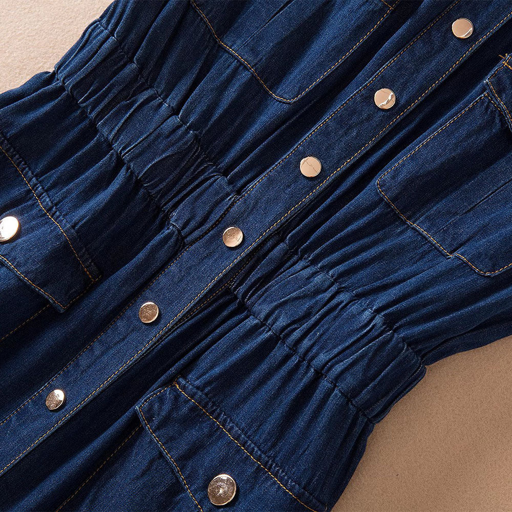 Lapel Single Breasted Elastic Waist Casual Denim Dress