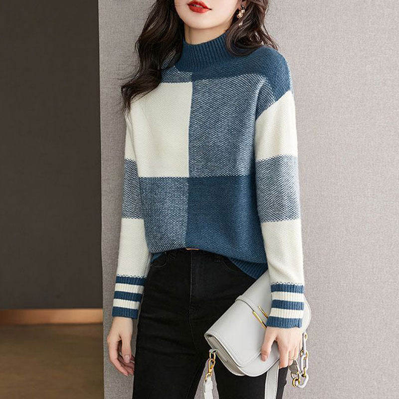 Fashion Colorblock Western Style Youthful-looking Loose Slimming Bottoming Shirt Blue Wool