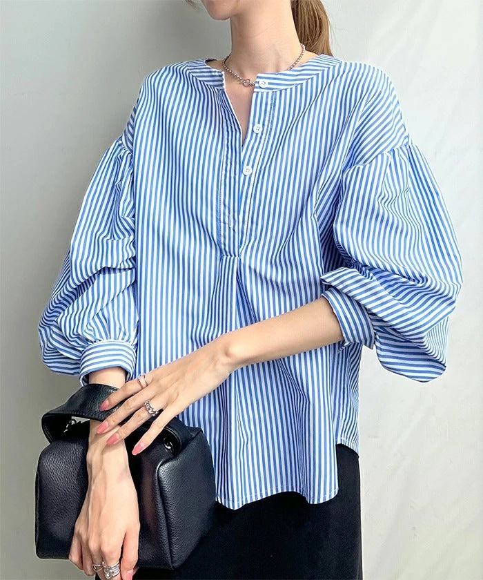 Women's Shirt Summer Loose High Sense Blue Stripes