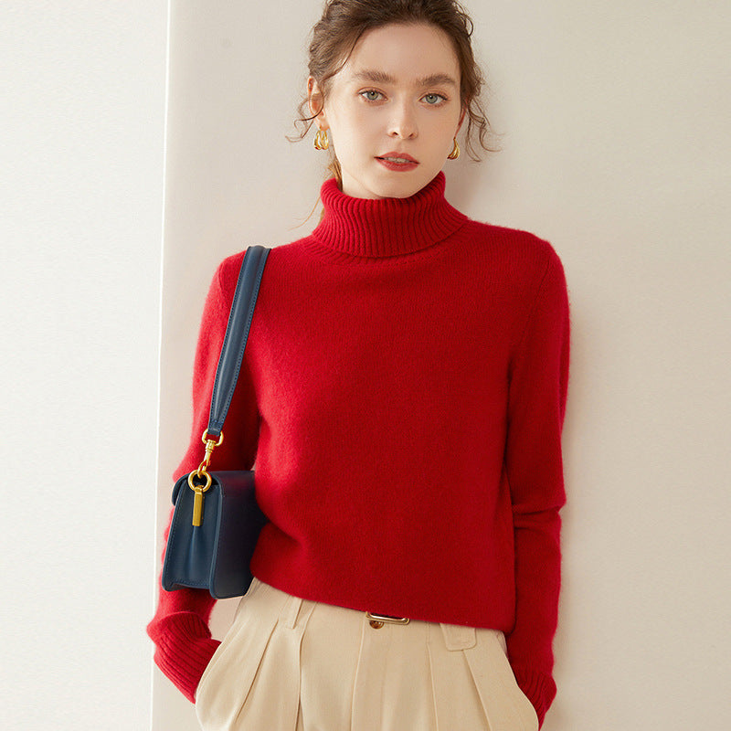 Women's Thickened Fall And Winter Inner Wear Turtleneck Cashmere Sweater Brick Red Cashmere