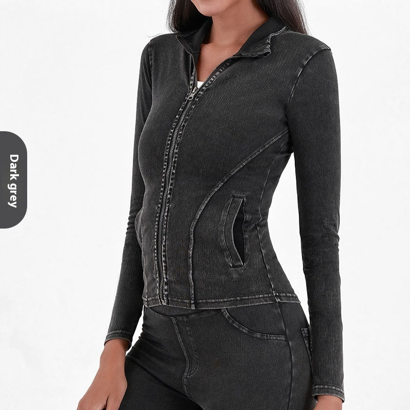 Slim Zippered Yoga Denim Jacket With Pockets High Collar Sports Fitness Outerwear Tops Coat For Women Clothing Dark Grey