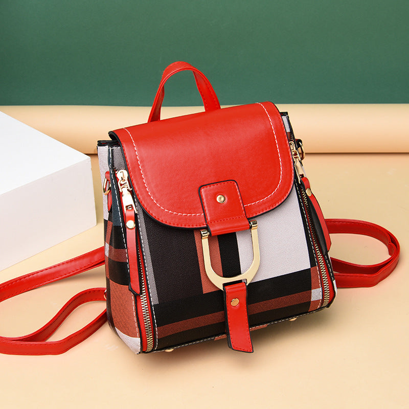 Women Grid Backpacks Female School Bag Girls Travel Bag Red