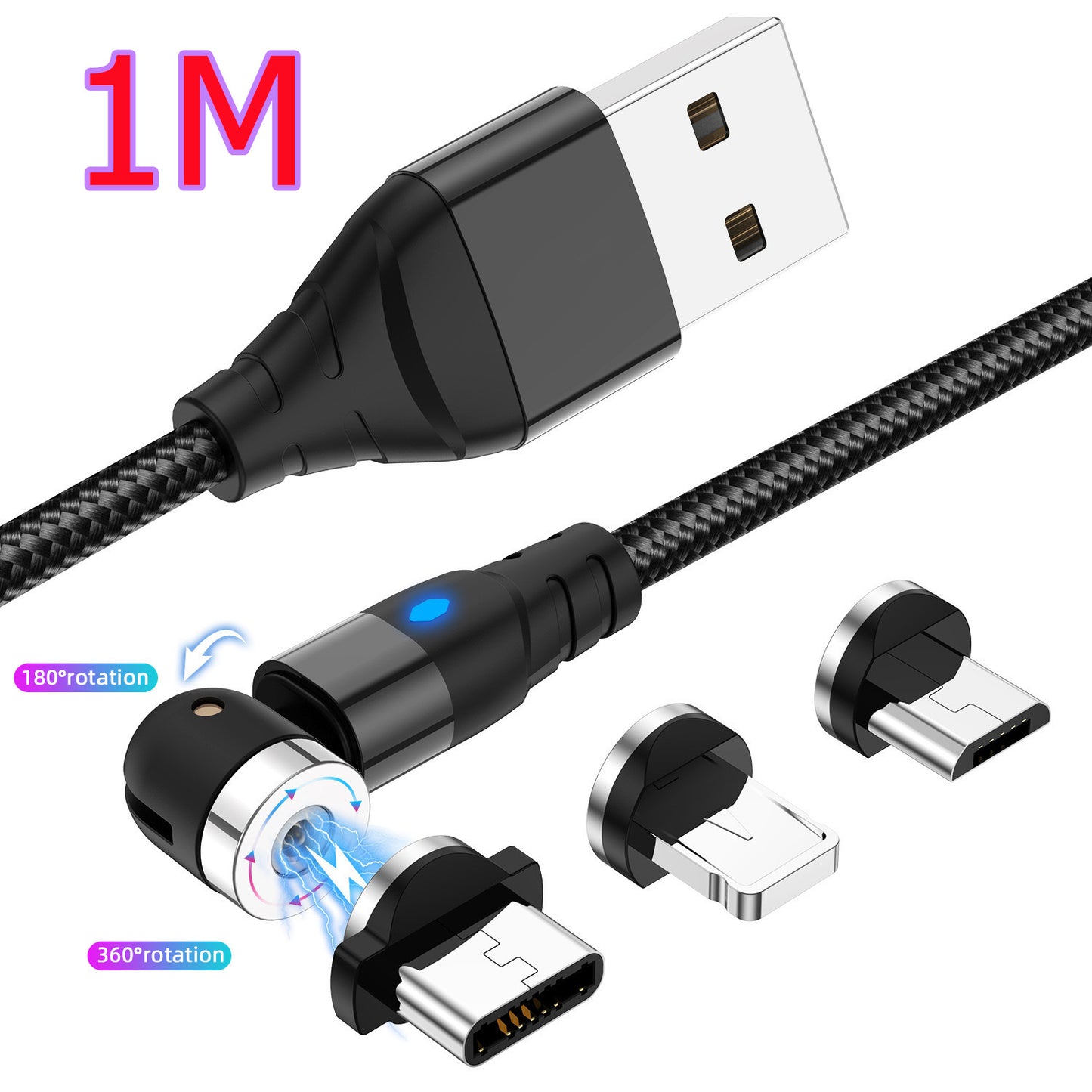 Magnetic Data Cable - Android/iOS/Type-C Black 1M 3magnetic suction heads