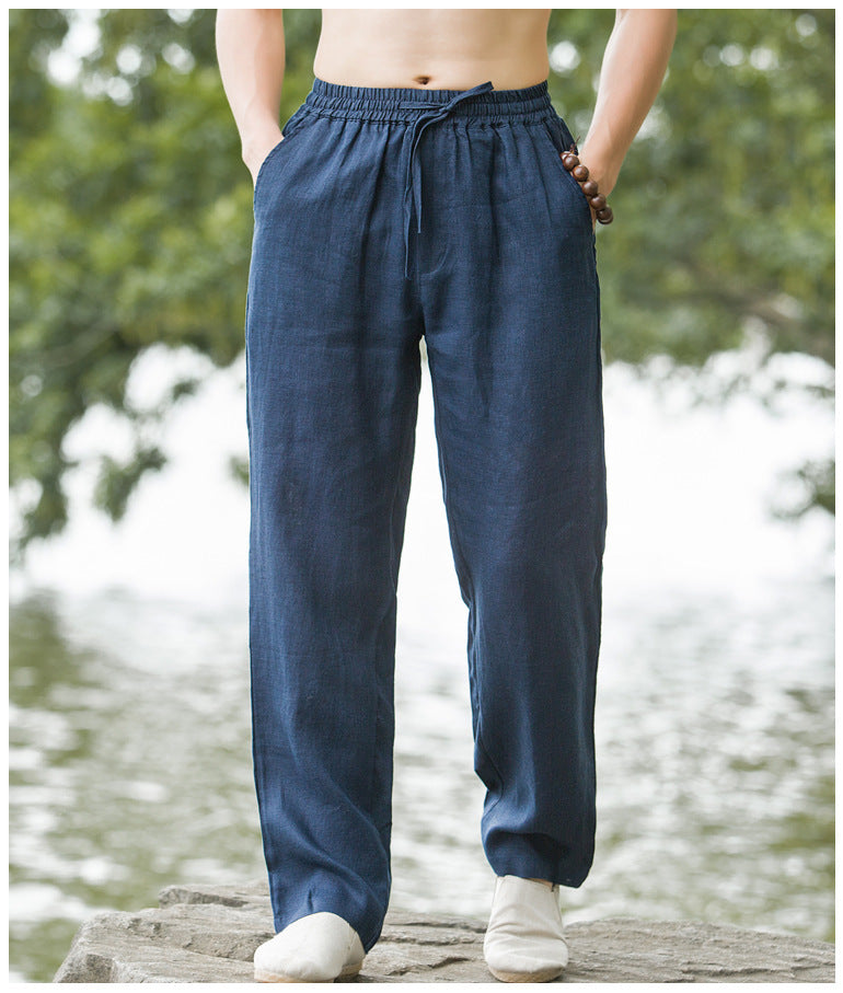 Fashion Men's Linen Straight Casual Pants Navy Blue