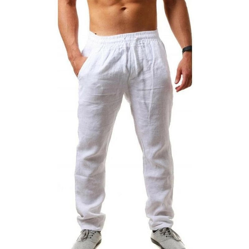 Summer Men's Breathable Linen Loose Leisure Sports Trousers White