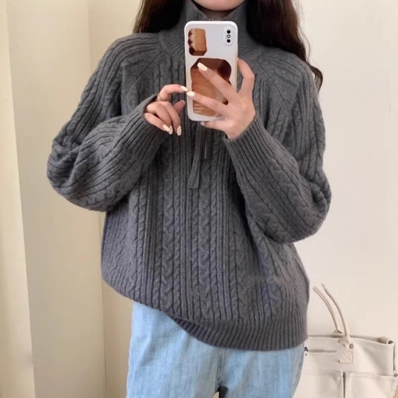 Lapel Half Zipper Cable-knit Pullover Sweater For Women Gray Free Size