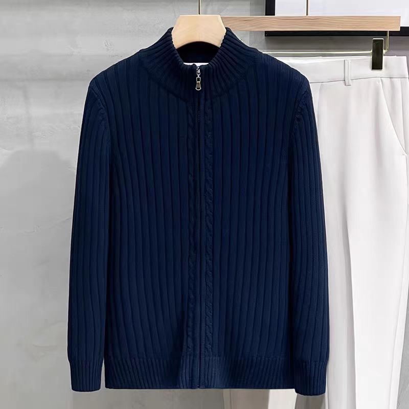 Cardigan Sweater Solid Color Zipper Outerwear Sweater Men's Coat Navy Blue