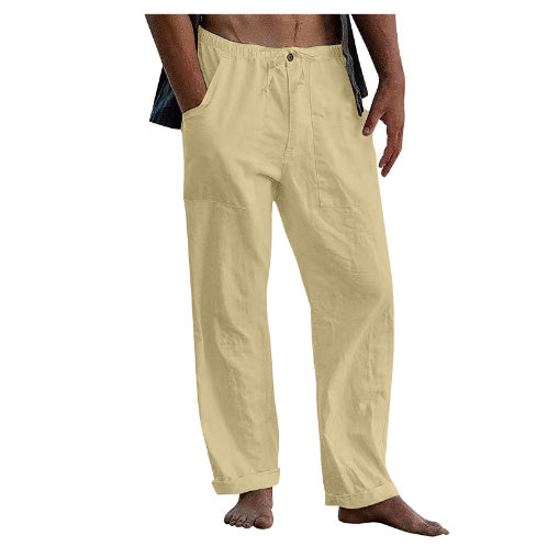 Men's Linen Casual Drawstring Loose Pants Khaki1 2XL
