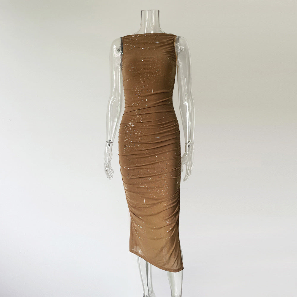 Tight Side Slit Pleated Party Party Dress Women Brown