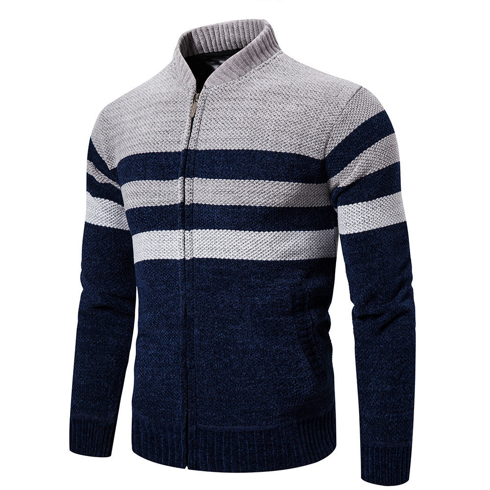Casual Sweater Men Stand Collar Striped Color Matching Long Sleeves Navy Blue Polyster