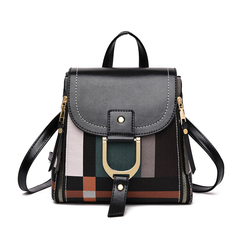 Women Grid Backpacks Female School Bag Girls Travel Bag Black